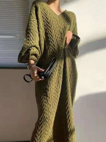 Getadme New in Women's Winter Sweater Long Dress 2024 Vintage Elegant V-Neck Pullover Knitted Fashionable Commuting Women's Clothing